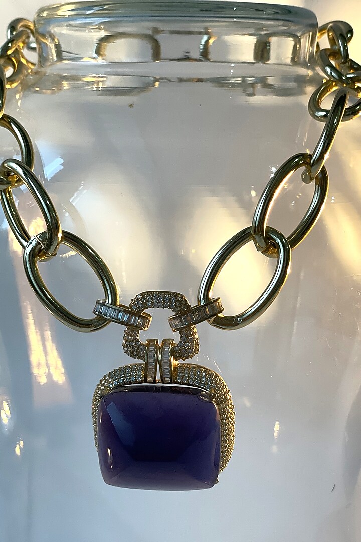 Gold Finish Emerald Synthetic Stone Doublet Long Necklace by Studio6 Jewels at Pernia's Pop Up Shop