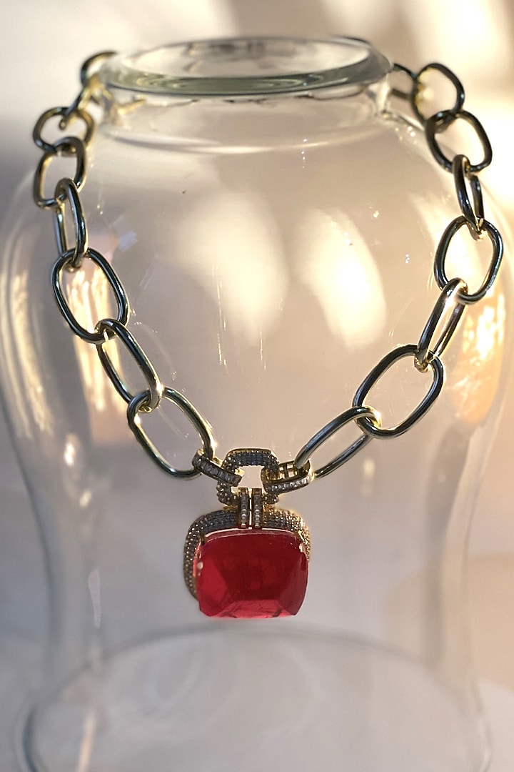 Gold Finish Ruby Synthetic Stone Doublet Long Necklace by Studio6 Jewels at Pernia's Pop Up Shop