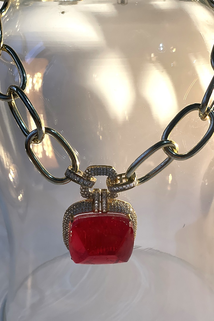 Gold Finish Ruby Synthetic Stone Doublet Long Necklace by Studio6 Jewels at Pernia's Pop Up Shop