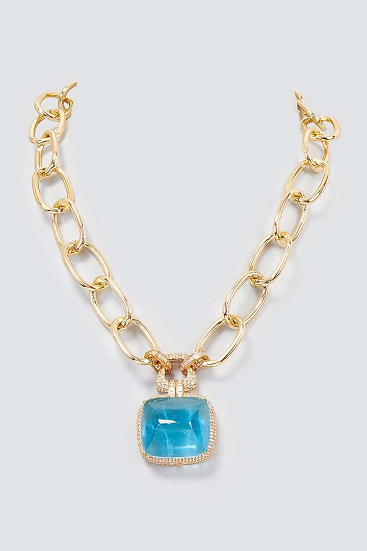 Gold Finish Blue Sapphire Necklace by Studio6 Jewels at Pernia's Pop Up Shop