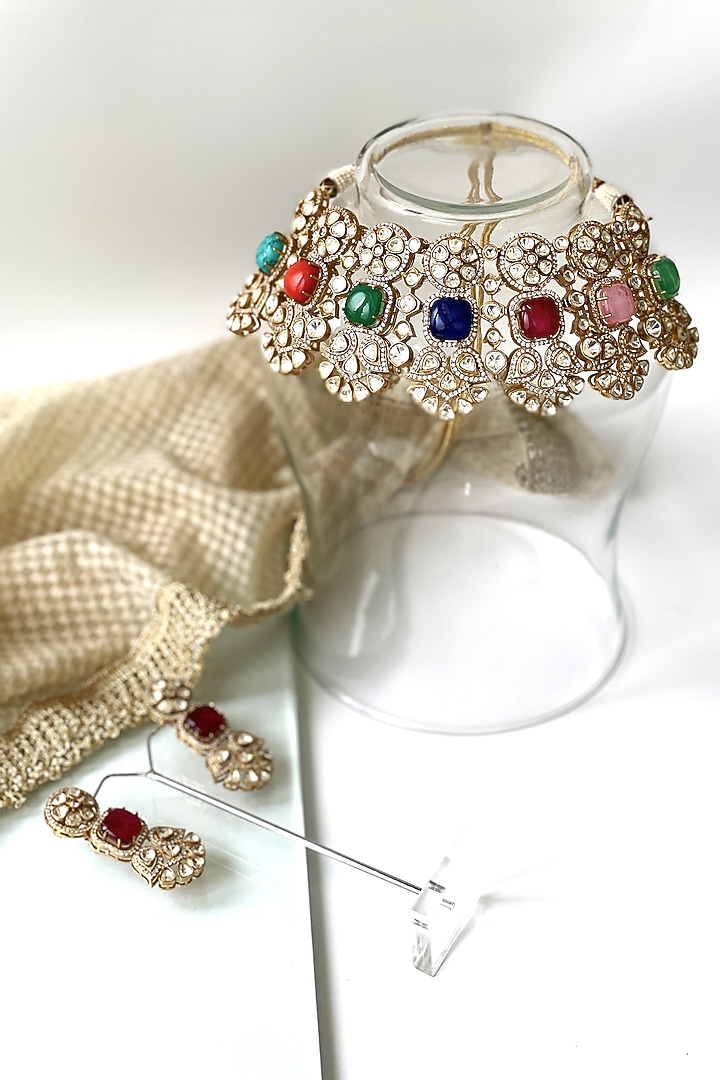 Gold Finish Kundan Polki & Multi-Colored Stone Choker Necklace Set by Studio6 Jewels at Pernia's Pop Up Shop