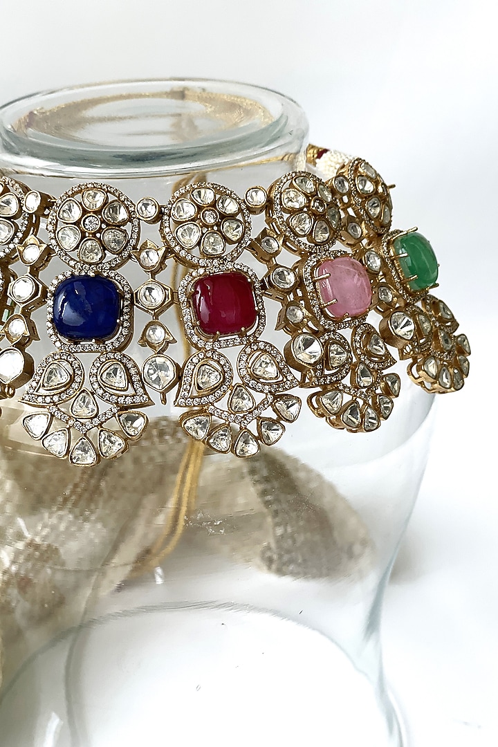 Gold Finish Kundan Polki & Multi-Colored Stone Choker Necklace Set by Studio6 Jewels at Pernia's Pop Up Shop