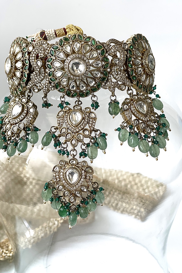 Antique Gold Finish Kundan Polki & Green Beaded Choker Necklace Set by Studio6 Jewels at Pernia's Pop Up Shop