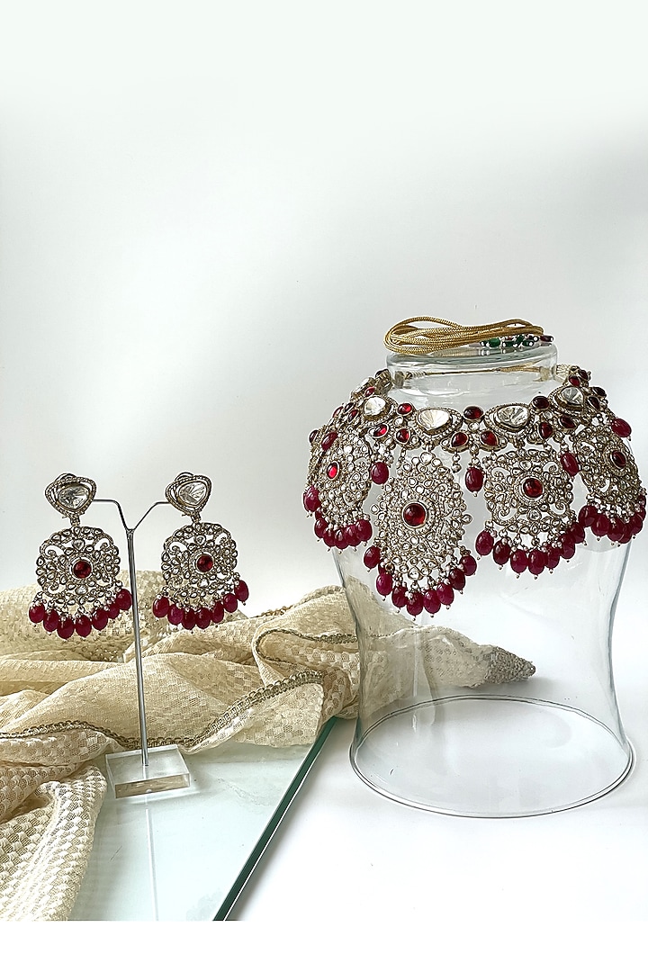 Antique Gold Finish Kundan Polki & Red Beaded Choker Necklace Set by Studio6 Jewels at Pernia's Pop Up Shop
