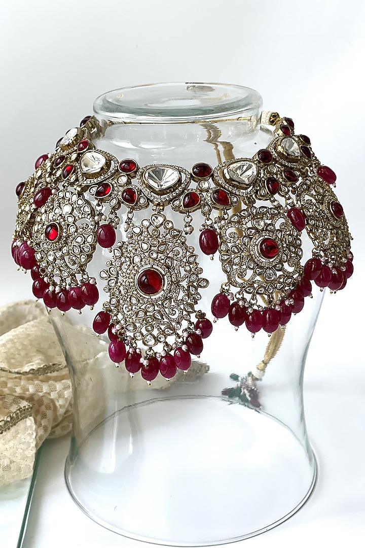 Antique Gold Finish Kundan Polki & Red Beaded Choker Necklace Set by Studio6 Jewels at Pernia's Pop Up Shop