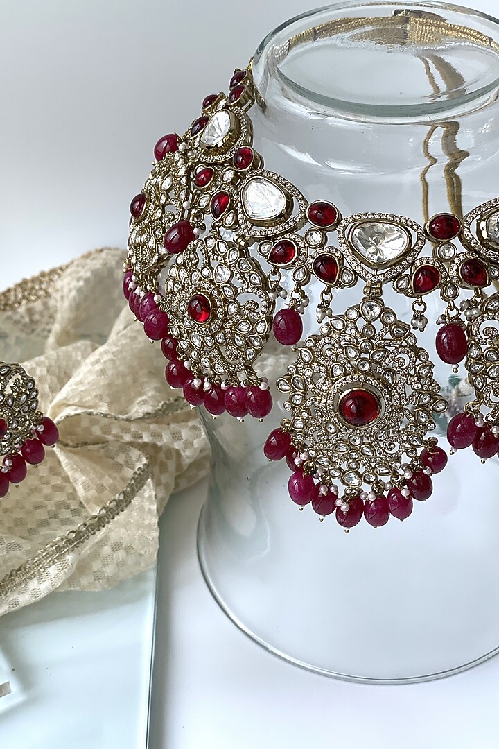 Antique Gold Finish Kundan Polki & Red Beaded Choker Necklace Set by Studio6 Jewels at Pernia's Pop Up Shop
