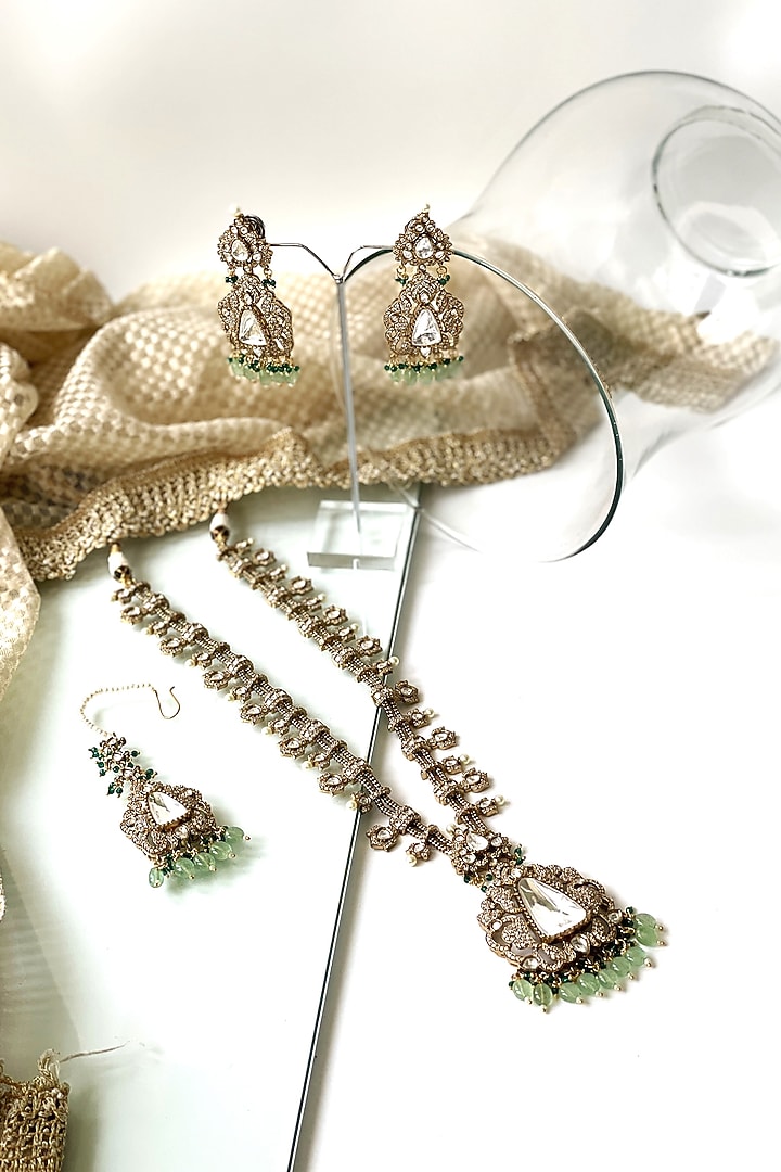 Gold Finish Kundan Polki & Green Beaded Long Necklace Set by Studio6 Jewels at Pernia's Pop Up Shop