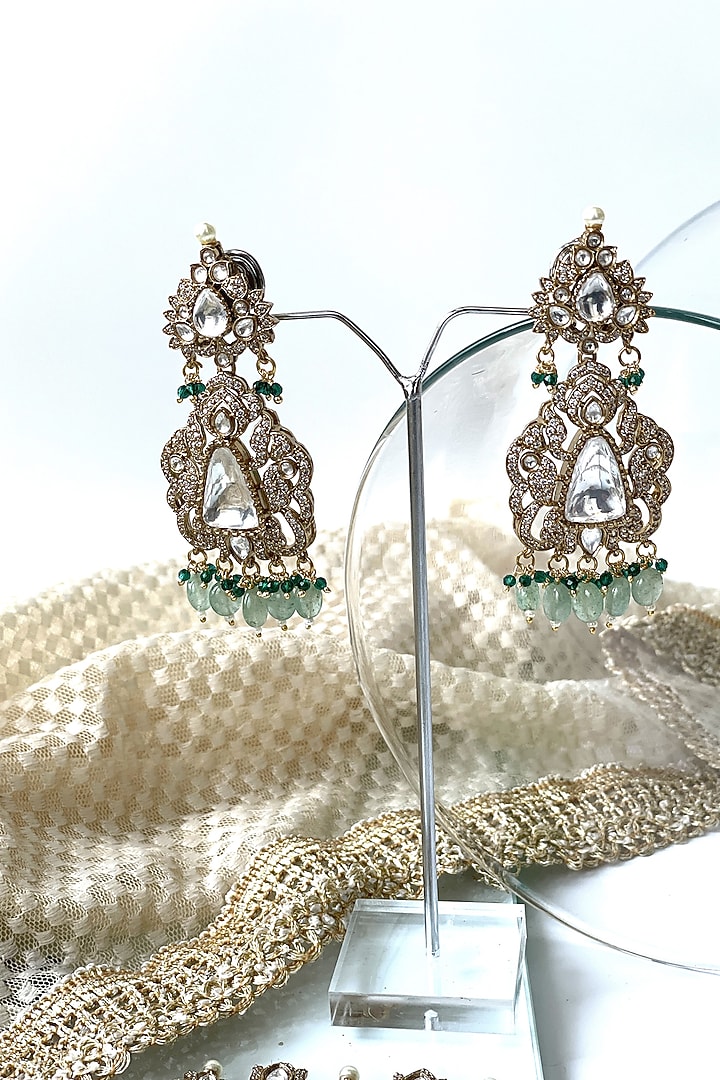 Gold Finish Kundan Polki & Green Beaded Long Necklace Set by Studio6 Jewels at Pernia's Pop Up Shop