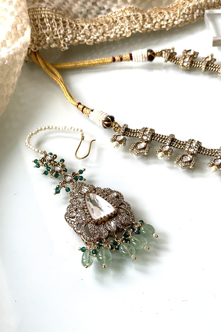 Gold Finish Kundan Polki & Green Beaded Long Necklace Set by Studio6 Jewels at Pernia's Pop Up Shop
