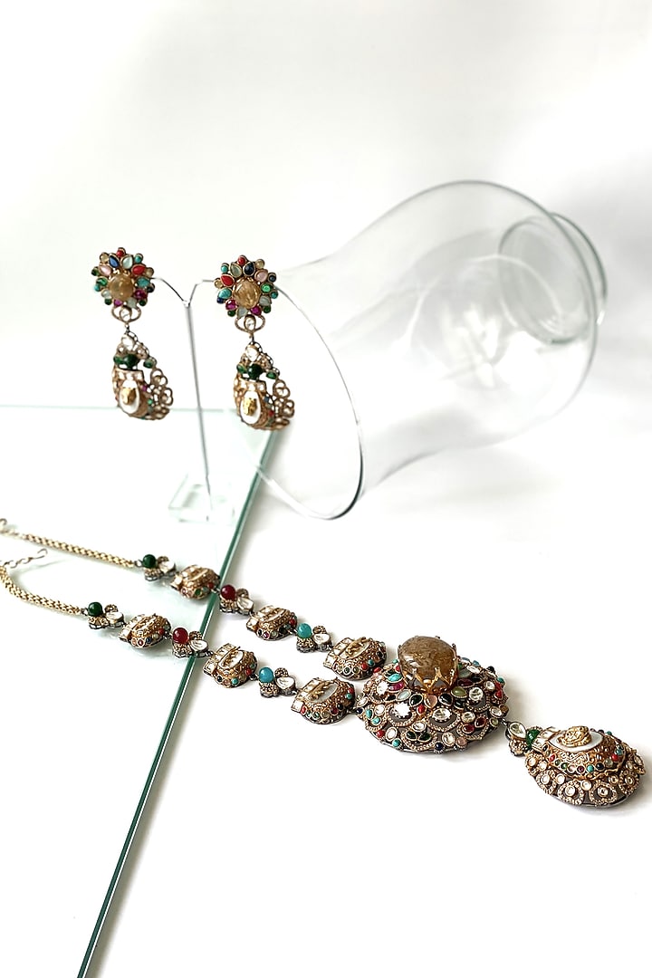 Antique Gold Finish Kundan Polki & Multi-Colored Stone Long Necklace Set by Studio6 Jewels at Pernia's Pop Up Shop