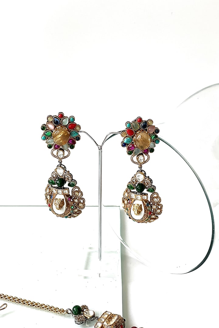Antique Gold Finish Kundan Polki & Multi-Colored Stone Long Necklace Set by Studio6 Jewels at Pernia's Pop Up Shop