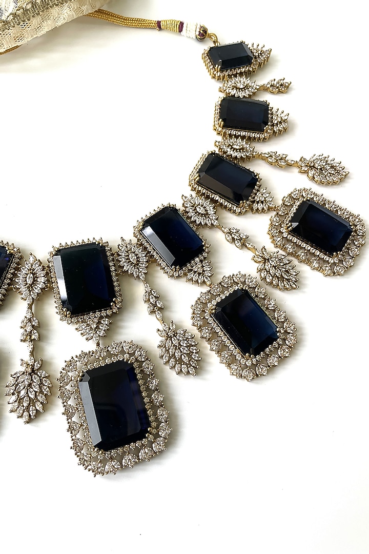 Gold Finish Zircon & Blue Stone Choker Necklace Set by Studio6 Jewels at Pernia's Pop Up Shop