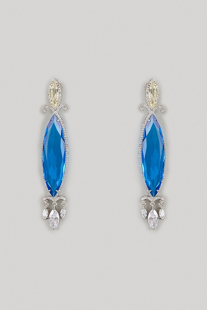 White Finish Blue Crystal & Zircon Dangler Earrings by Studio6 Jewels at Pernia's Pop Up Shop