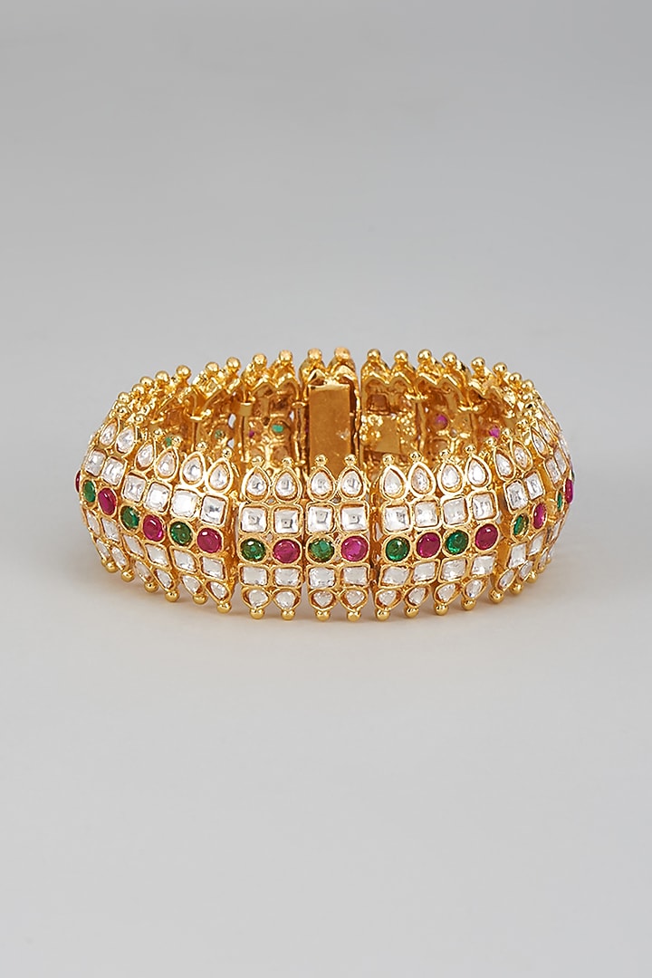Gold Finish Kundan Polki & Multi-Colored Stone Kada by Studio6 Jewels at Pernia's Pop Up Shop