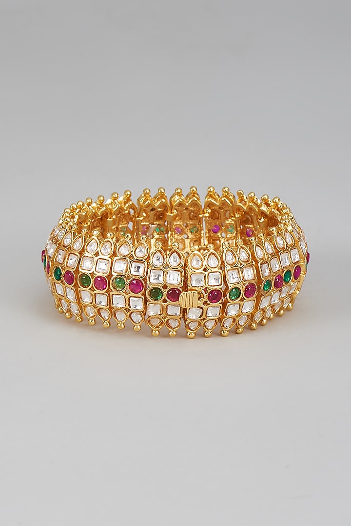 Gold Finish Kundan Polki & Multi-Colored Stone Kada by Studio6 Jewels at Pernia's Pop Up Shop