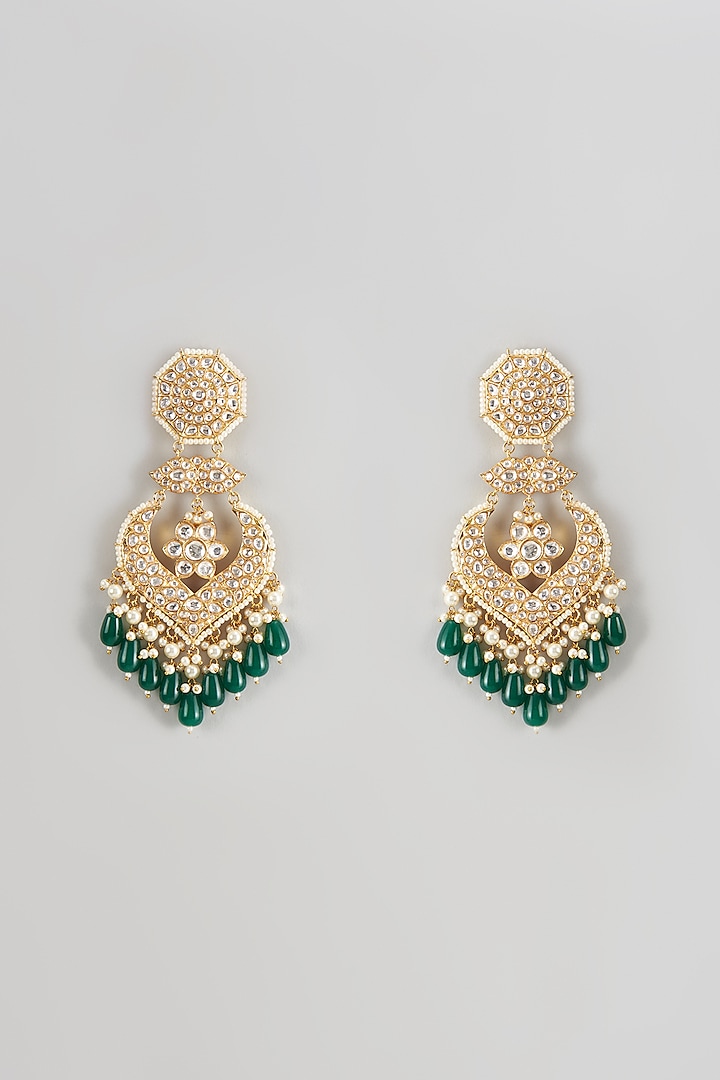 Gold Finish Kundan Polki Chandbaali Earrings by Studio6 Jewels
