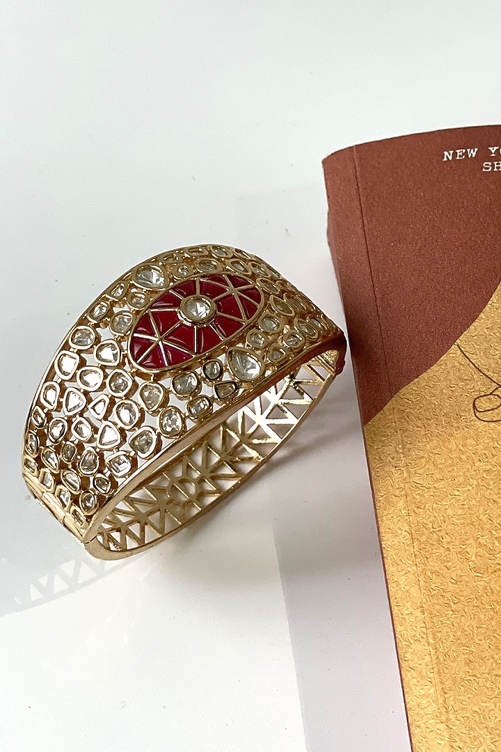 Gold Finish Kundan Polki & Red Stone Bangle by Studio6 Jewels at Pernia's Pop Up Shop
