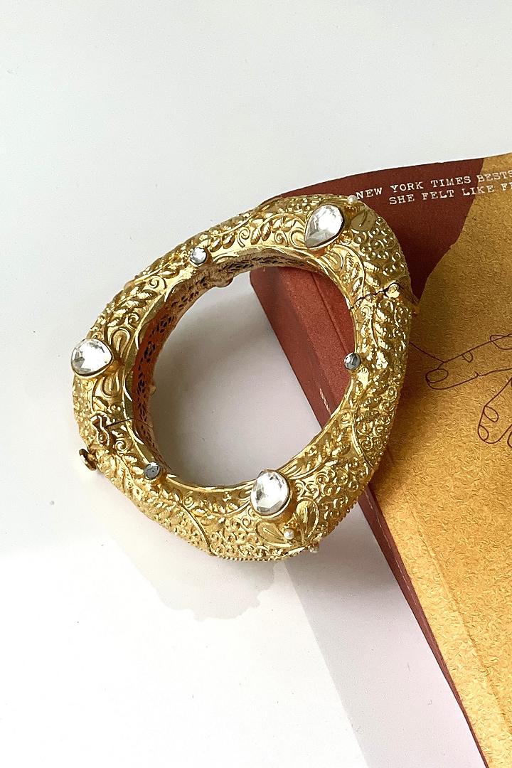 Gold Finish Kundan Polki & Synthetic Stone Carved Bangle by Studio6 Jewels at Pernia's Pop Up Shop