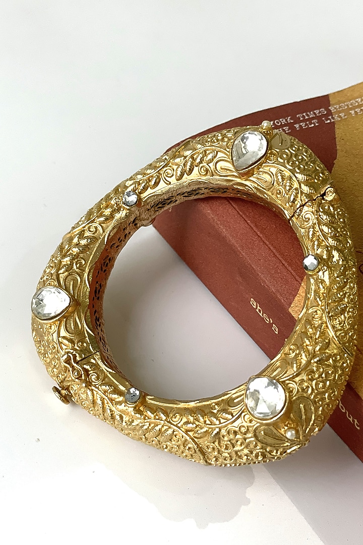 Gold Finish Kundan Polki & Synthetic Stone Carved Bangle by Studio6 Jewels at Pernia's Pop Up Shop
