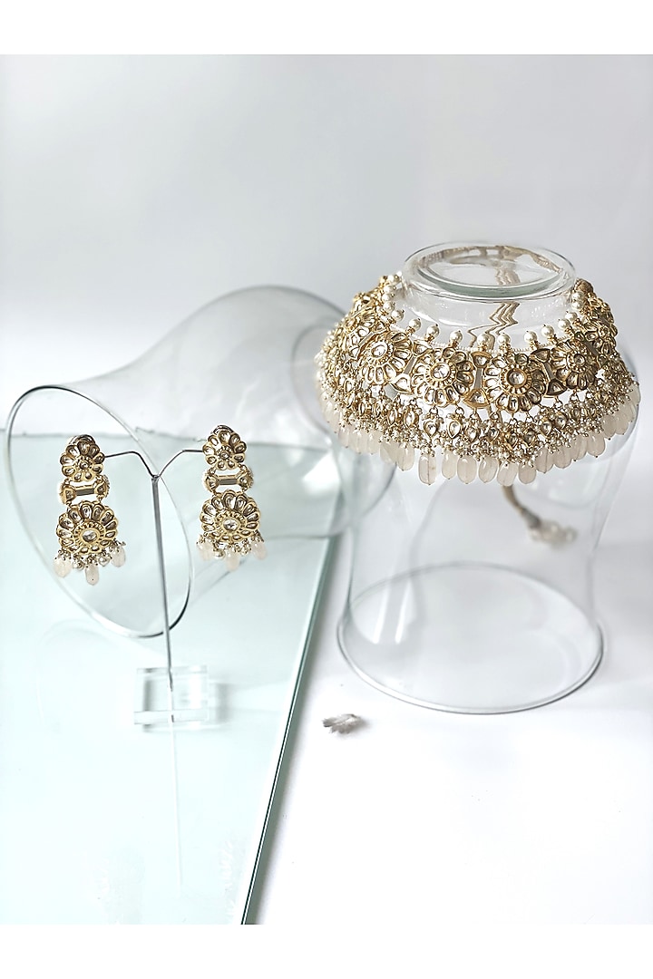Gold Finish Kundan Polki & Pink Drop Choker Necklace Set by Studio6 Jewels at Pernia's Pop Up Shop
