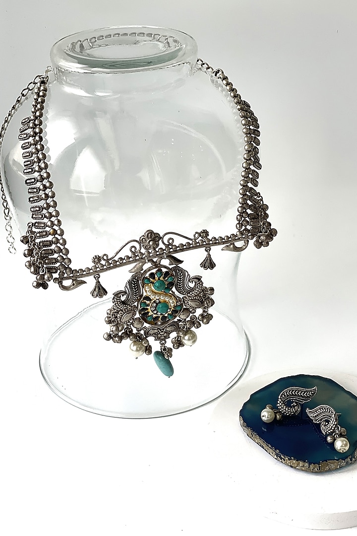 Black Rhodium Finish Oxidised Turquoise Stone Long Necklace Set by Studio6 Jewels