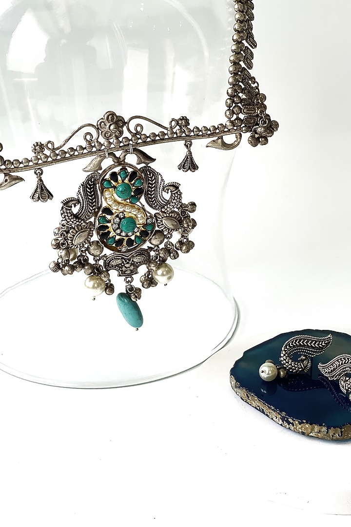Black Rhodium Finish Oxidised Turquoise Stone Long Necklace Set by Studio6 Jewels at Pernia's Pop Up Shop