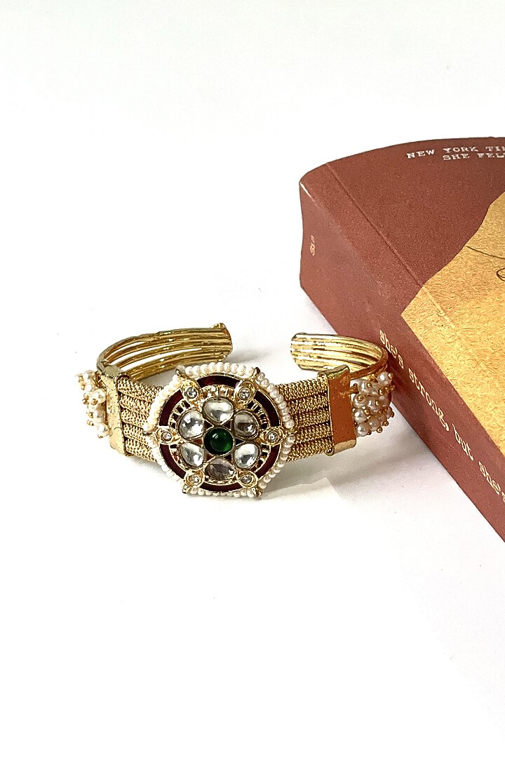 Gold Finish Kundan Polki & Red Synthetic Stone Cuff by Studio6 Jewels at Pernia's Pop Up Shop