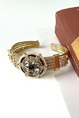 Gold Finish Kundan Polki & Red Synthetic Stone Cuff by Studio6 Jewels