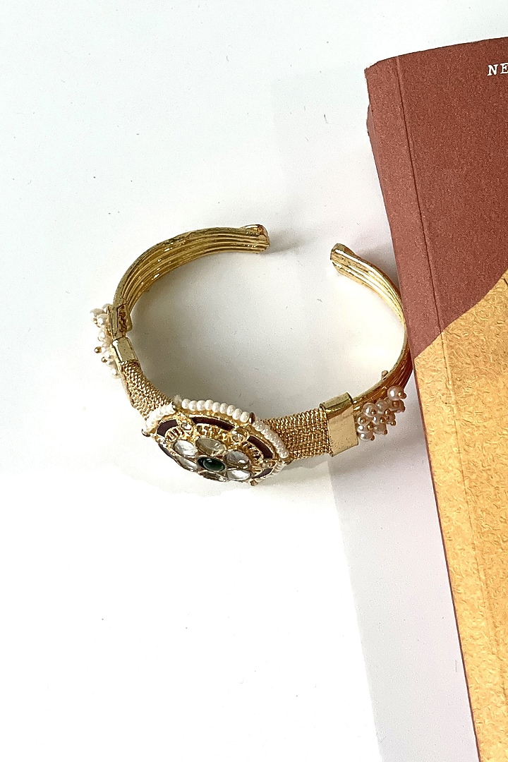 Gold Finish Kundan Polki & Red Synthetic Stone Cuff by Studio6 Jewels at Pernia's Pop Up Shop