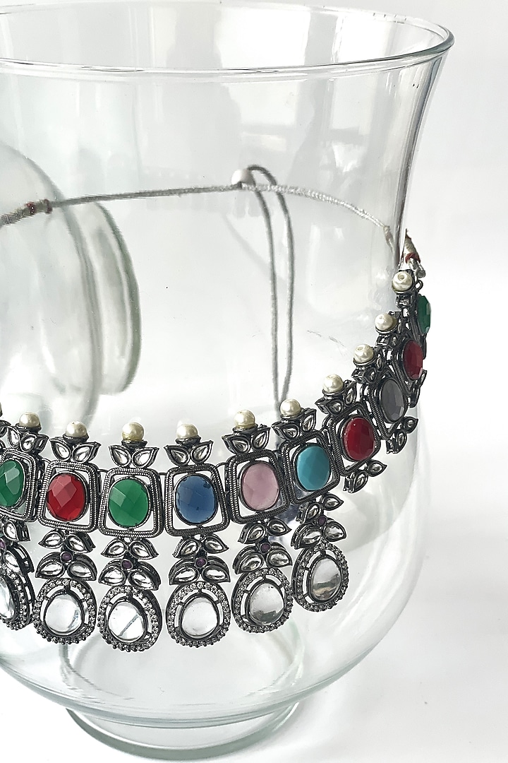 Black Rhodium Finish Kundan Polki & Multi-Colored Stone Choker Necklace Set by Studio6 Jewels at Pernia's Pop Up Shop