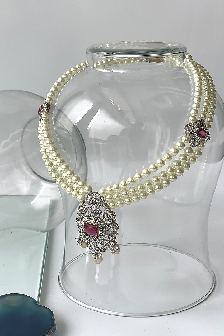 White Finish Pearl & Zircon Long Necklace by Studio6 Jewels at Pernia's Pop Up Shop