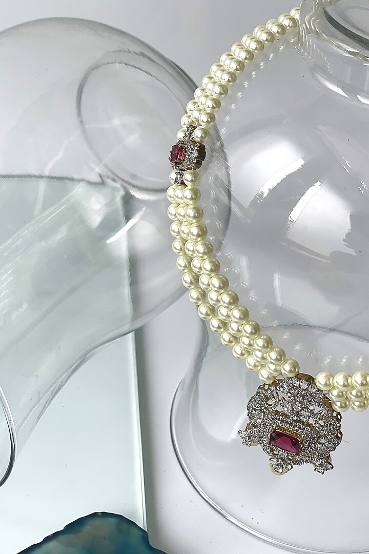 White Finish Pearl & Zircon Long Necklace by Studio6 Jewels at Pernia's Pop Up Shop