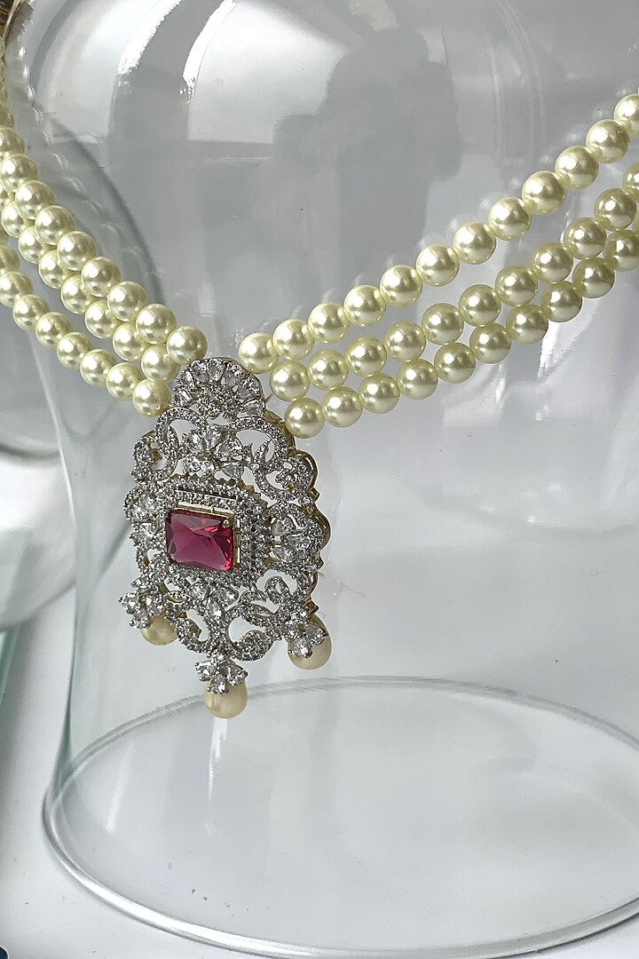 White Finish Pearl & Zircon Long Necklace by Studio6 Jewels at Pernia's Pop Up Shop