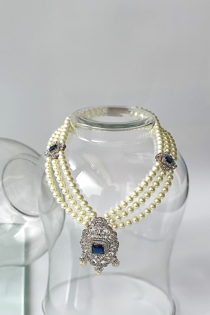 White Finish Pearl & Zircon Long Necklace by Studio6 Jewels at Pernia's Pop Up Shop