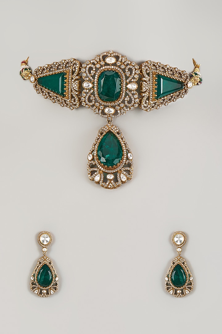 Gold Finish Green Doublet Stone Choker Necklace Set by Studio6 Jewels at Pernia's Pop Up Shop