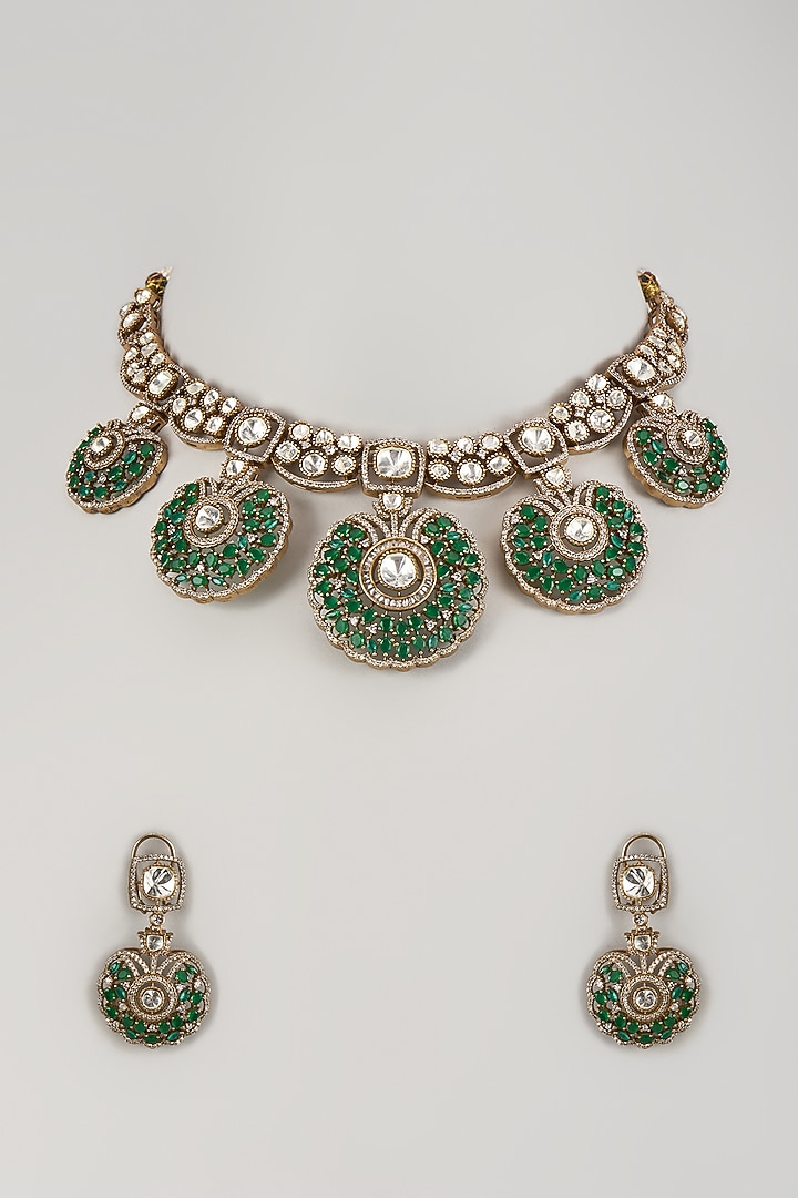 Gold Finish Green & White Zircon Choker Necklace Set by Studio6 Jewels at Pernia's Pop Up Shop