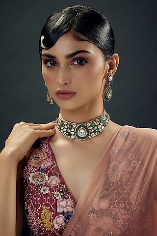 Gold Finish Green Stone & Zircon Choker Necklace Set by Studio6 Jewels