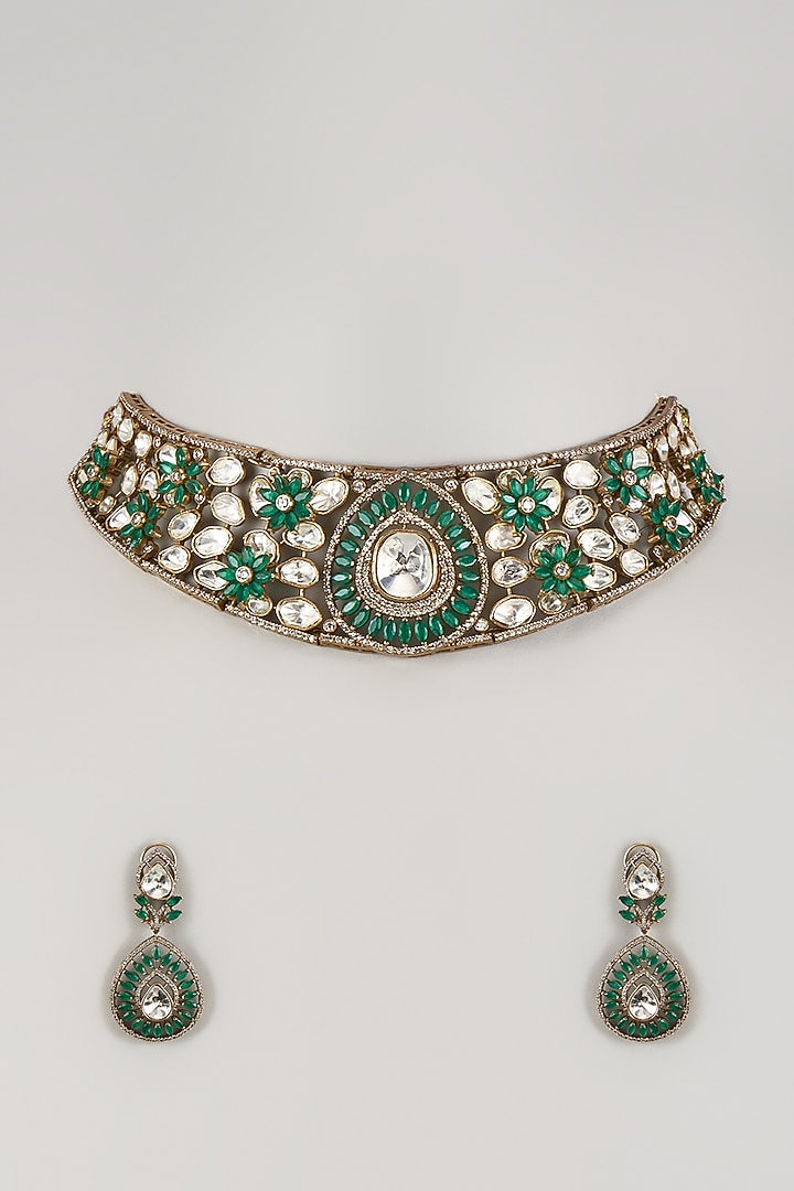 Gold Finish Green Stone & Zircon Choker Necklace Set by Studio6 Jewels at Pernia's Pop Up Shop