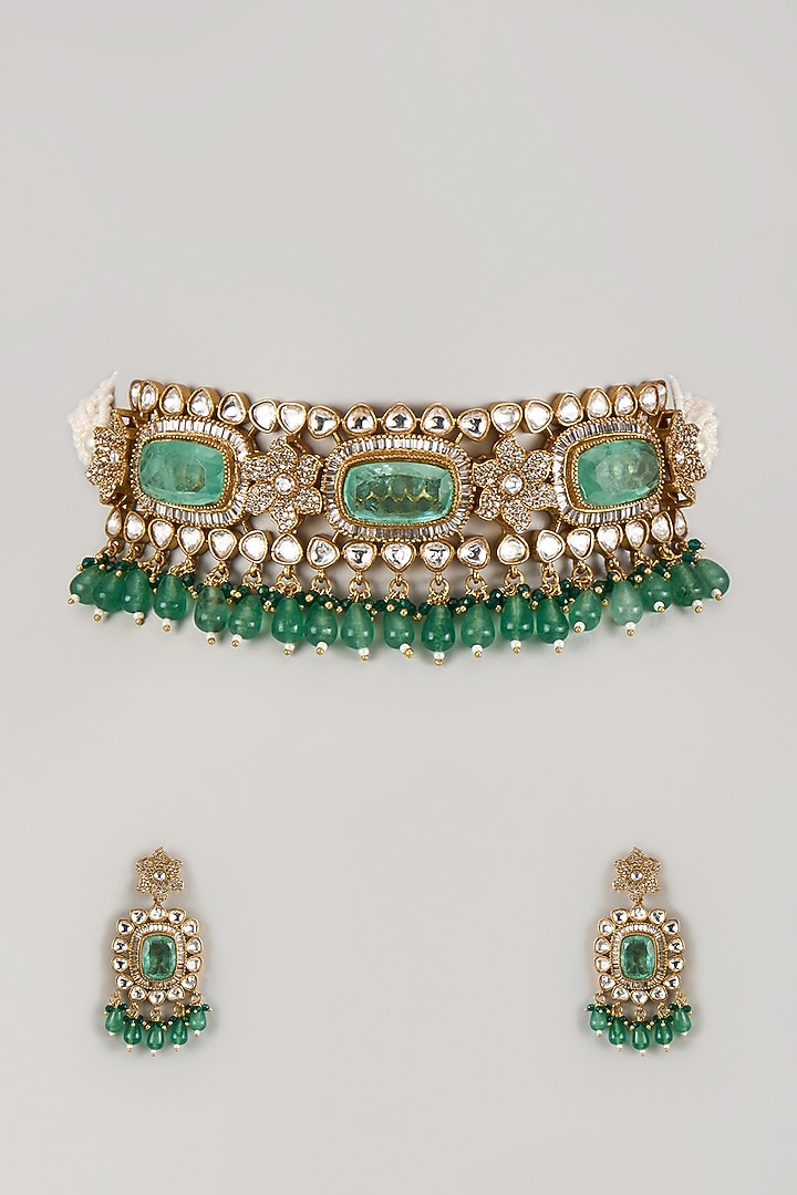 Gold Finish Sea Green Stone & Kundan Polki Choker Necklace Set by Studio6 Jewels at Pernia's Pop Up Shop