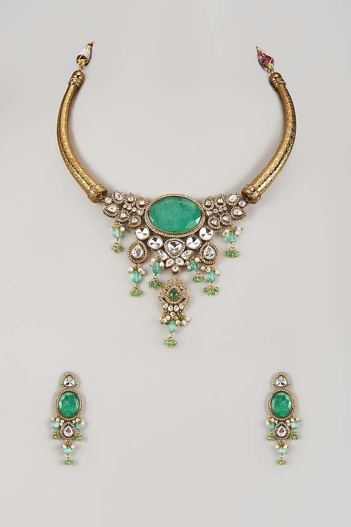 Gold Finish Sea Green Doublet Stone Hasli Necklace Set by Studio6 Jewels at Pernia's Pop Up Shop