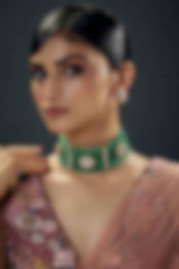 Gold Finish Kundan Polki & Green Moissanite Choker Necklace Set by Studio6 Jewels at Pernia's Pop Up Shop