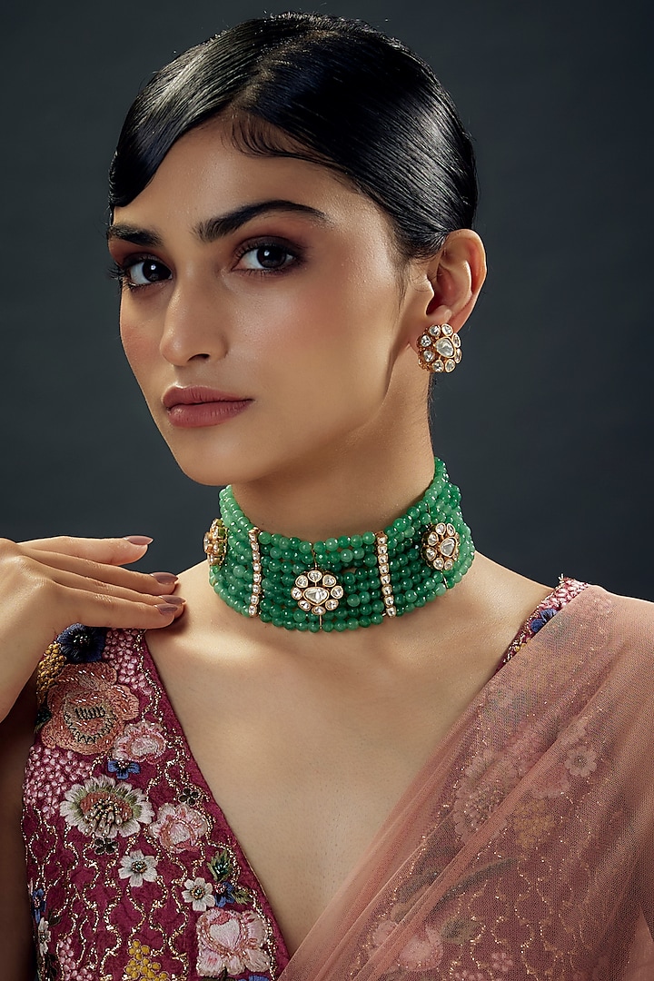 Gold Finish Kundan Polki & Green Moissanite Choker Necklace Set by Studio6 Jewels at Pernia's Pop Up Shop