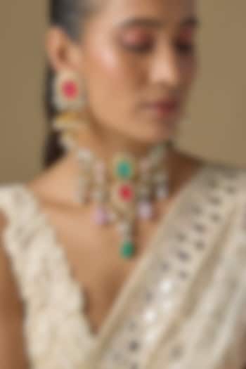 Gold Finish Multi-Colored Stone Necklace Set by Studio6 Jewels at Pernia's Pop Up Shop