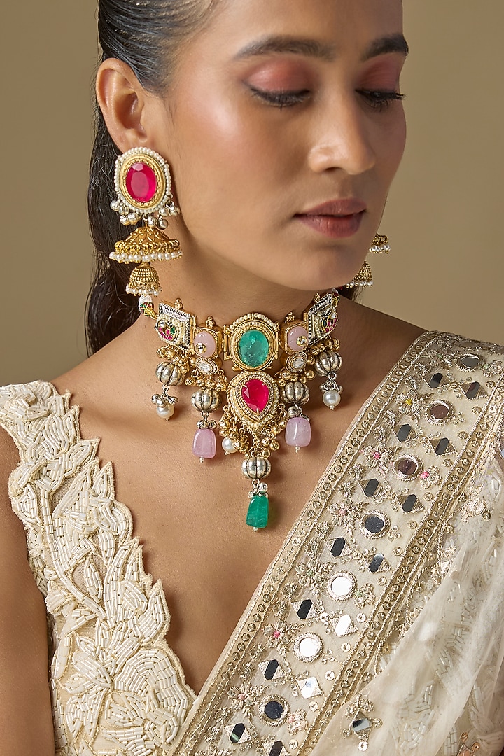 Gold Finish Multi-Colored Stone Necklace Set by Studio6 Jewels at Pernia's Pop Up Shop