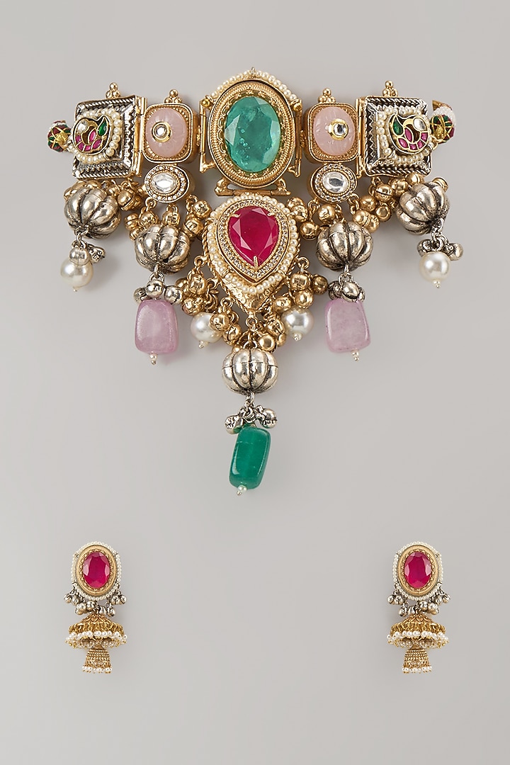 Gold Finish Multi-Colored Stone Necklace Set by Studio6 Jewels at Pernia's Pop Up Shop