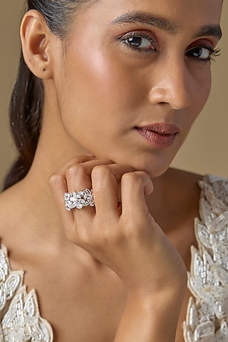 White Finish Marquise-Cut Stone & Zircon Band Ring by Studio6 Jewels