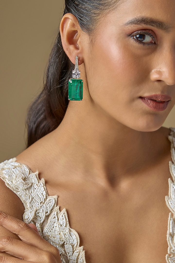 White Finish Green Zircon Dangler Earrings by Studio6 Jewels at Pernia's Pop Up Shop
