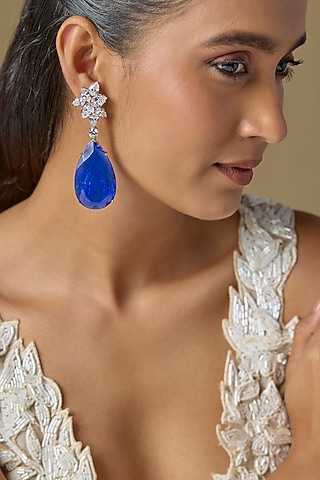 White Finish Blue Stone & Zircon Dangler Earrings by Studio6 Jewels