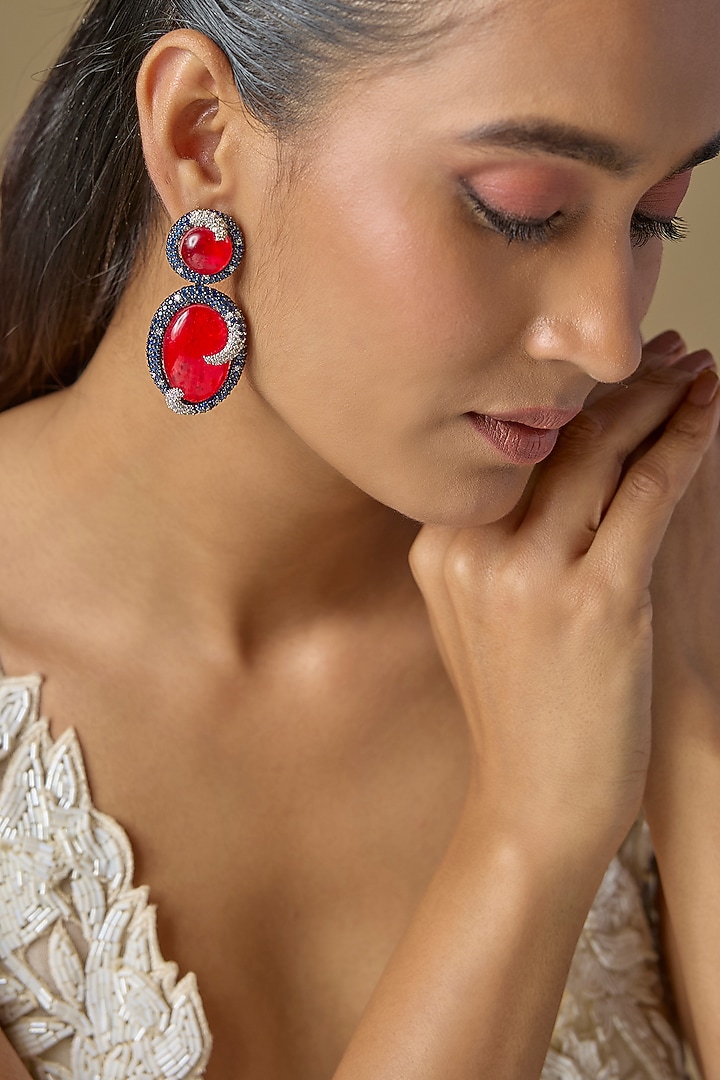 Black Rhodium Finish Red Crystal & Zircon Dangler Earrings by Studio6 Jewels at Pernia's Pop Up Shop