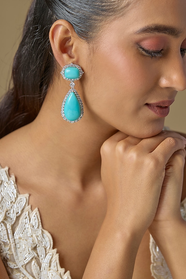 White Finish Turquoise Stone & Zircon Dangler Earrings by Studio6 Jewels at Pernia's Pop Up Shop